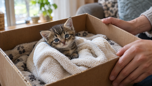 A found kitten about four weeks old wrapped in a warm towel inside a blanket-lined cardboard box