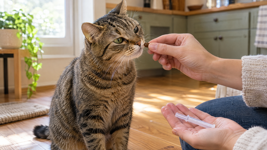 Tabby cat sniffing a soft pill treat offered by its owner, who holds a small oral syringe of water ready in the other hand