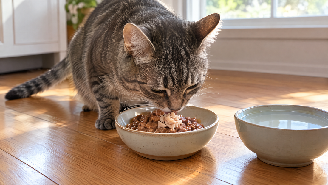 A gray tabby cat eats wet cat food topped with a small forkful of plain flaked tuna, with a bowl of fresh water beside it