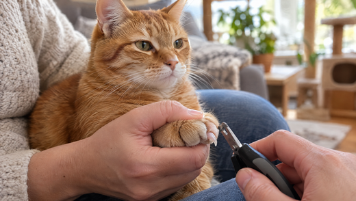 A calm orange tabby cat on a lap while a person gently holds one front paw and positions a pet nail clipper at just the sharp tip of an extended claw