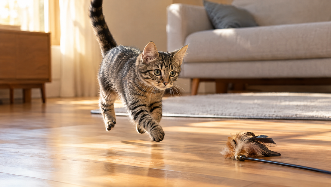 A young tabby cat with the zoomies racing across a sunlit wooden floor toward a feather wand toy