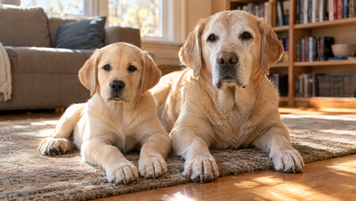 A yellow Labrador puppy and an older yellow Labrador with a graying muzzle lying side by side on a rug, two ends of the dog years to human years chart