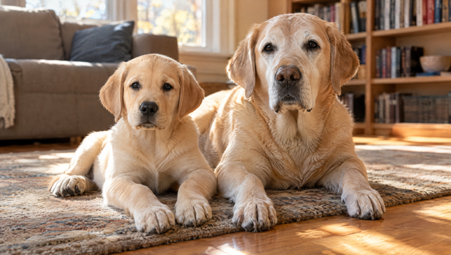 A yellow Labrador puppy and an older yellow Labrador with a graying muzzle lying side by side on a rug, two ends of the dog years to human years chart