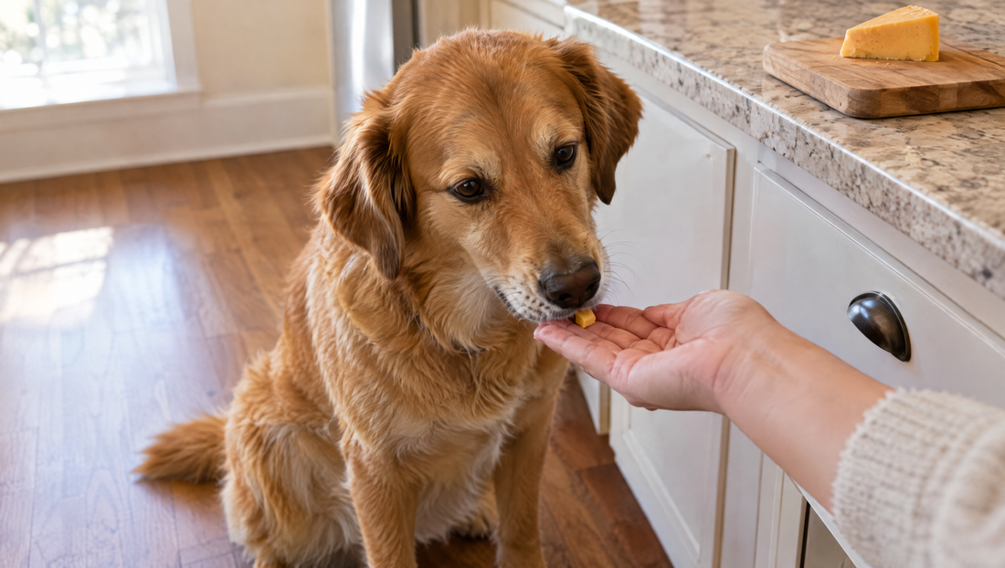 A golden dog sitting politely in a kitchen, taking one small crumb of cheddar from an open hand, the rest of the cheese up on the counter