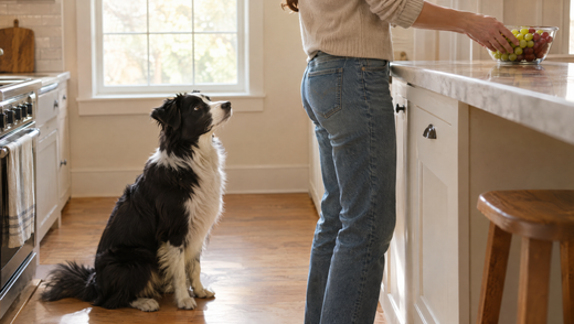 A border collie sitting on a kitchen floor watching its owner place a bowl of grapes at the back of a high counter, out of the dog's reach
