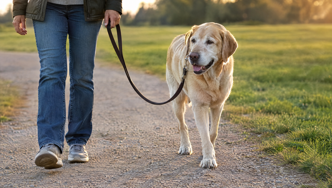 A lean senior yellow Labrador with a gray muzzle walking on a loose leash beside its owner along a park path in golden evening light