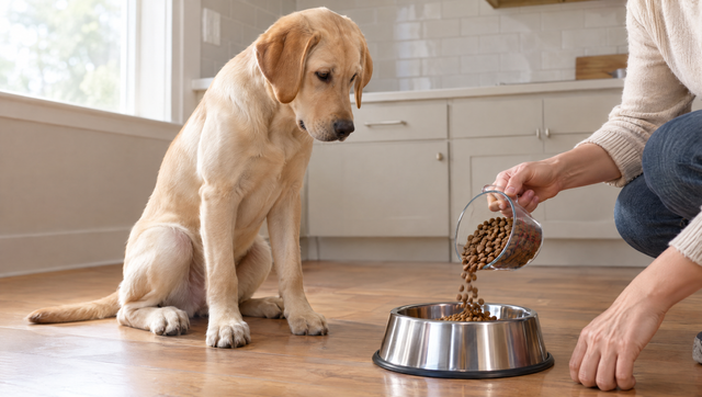 An adolescent yellow Labrador puppy sits beside a steel bowl as a measured cup of kibble is poured in