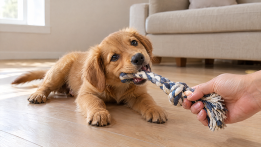 Golden puppy lying on a wooden floor biting a rope tug toy offered by a person's hand, a way to stop puppy biting by redirecting to a toy