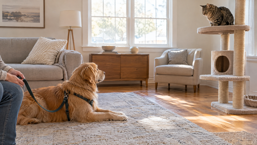 A relaxed golden retriever in a harness on a loose leash lies on a rug while a tabby cat watches from the top of a tall cat tree, showing how to introduce a cat to a dog