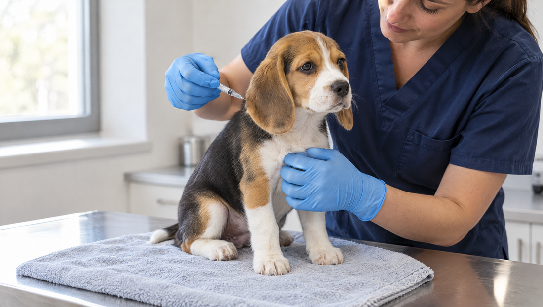 Beagle puppy sitting calmly on a towel on an exam table while a gloved veterinarian gives a vaccine at the back of the neck, part of the puppy vaccination schedule