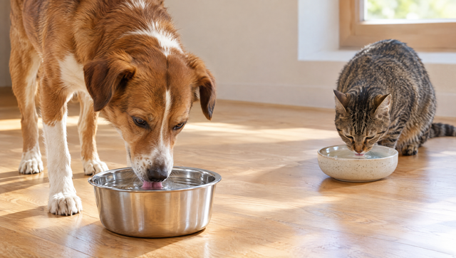 A brown and white dog and a tabby cat each drinking fresh water from their own bowls in a sunny room