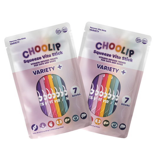 Two packages of Choolip Squeeze Vita Stick Variety for cats and dogs on a white background