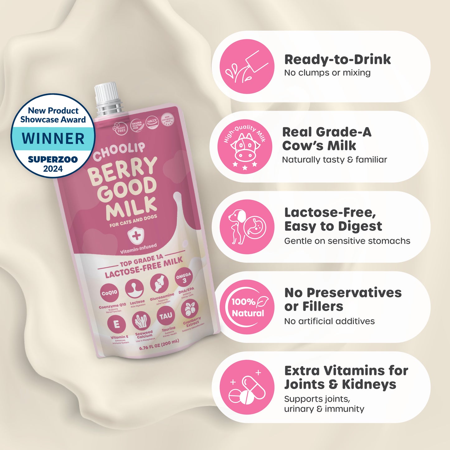 Choolip Berry Good Milk pouch with features listed on a beige background