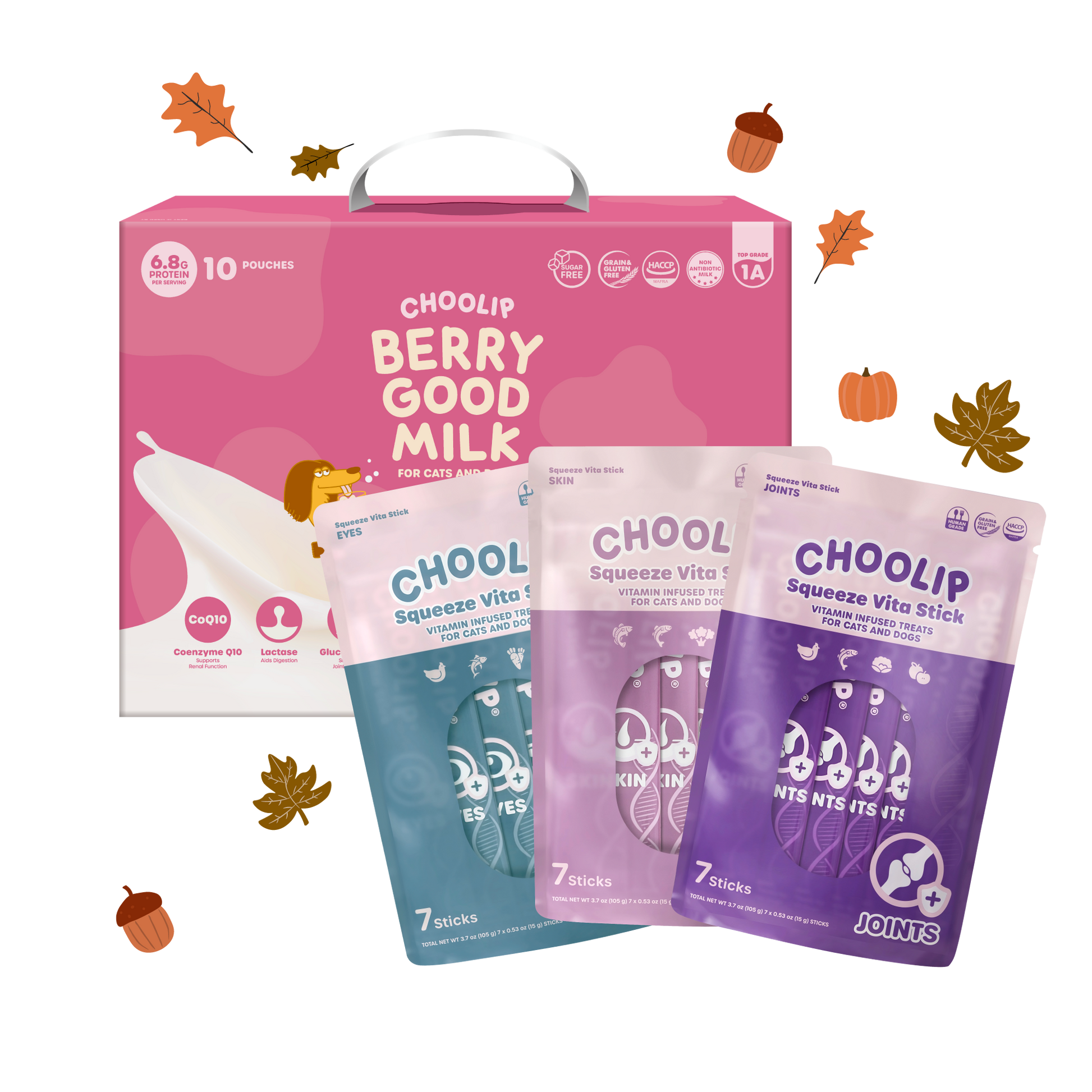 Choolip Fall Wellness Bundle for cats and dogs with Berry Good Milk and Squeeze Vita Stick, 18% discount September limited edition pet wellness deal