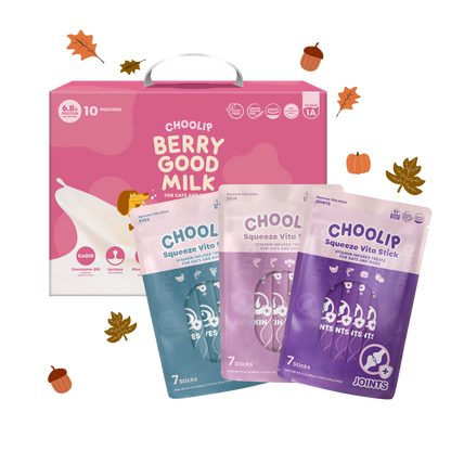 Choolip Fall Wellness Bundle for cats and dogs with Berry Good Milk and Squeeze Vita Stick, 18% discount September limited edition pet wellness deal