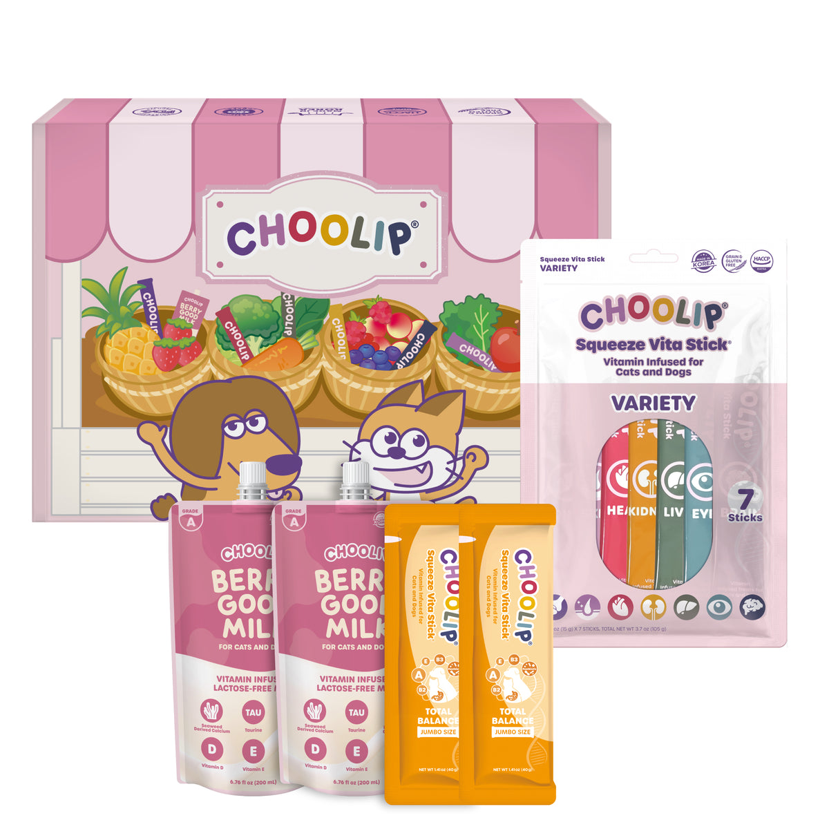 Choolip Trial Box: Berry Good Milk, Squeeze Vita Sticks & Total Balance for Cats & Dogs