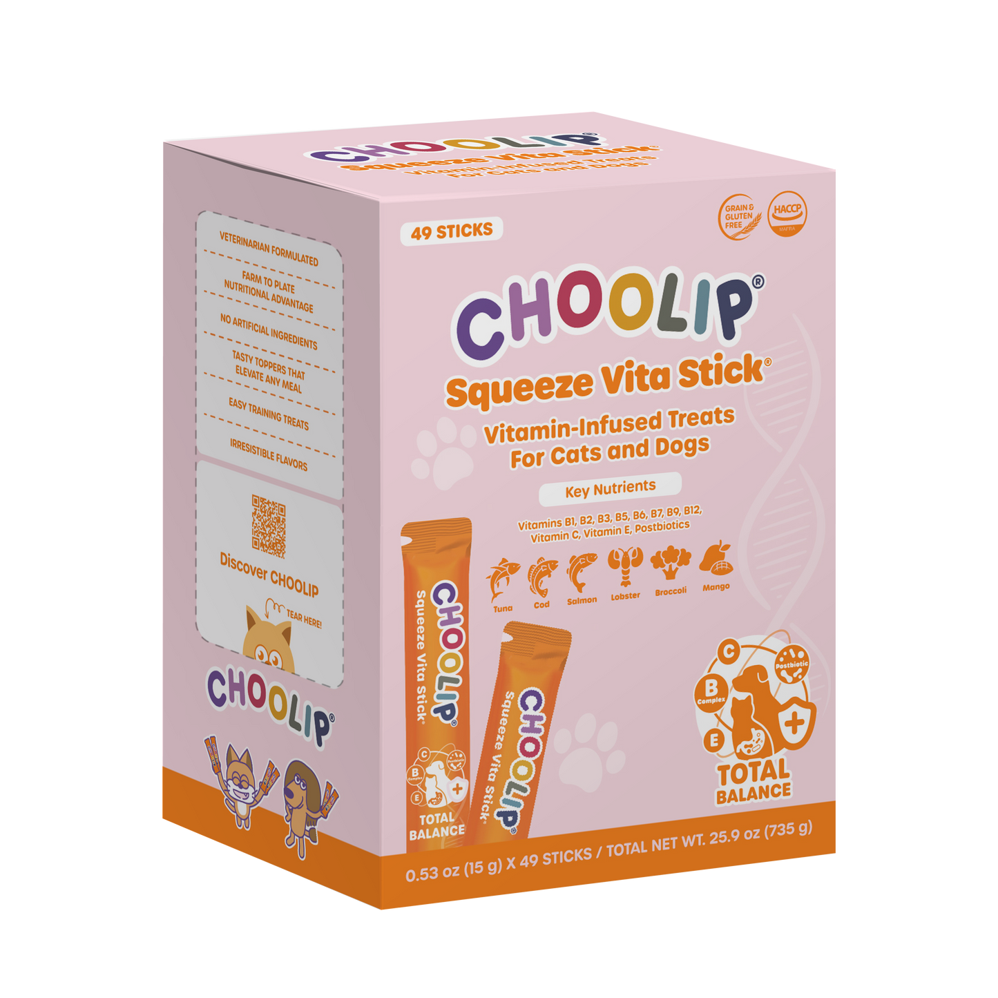 Box of Choolip Squeeze Vita Stick vitamin-infused treats for cats and dogs on a white background