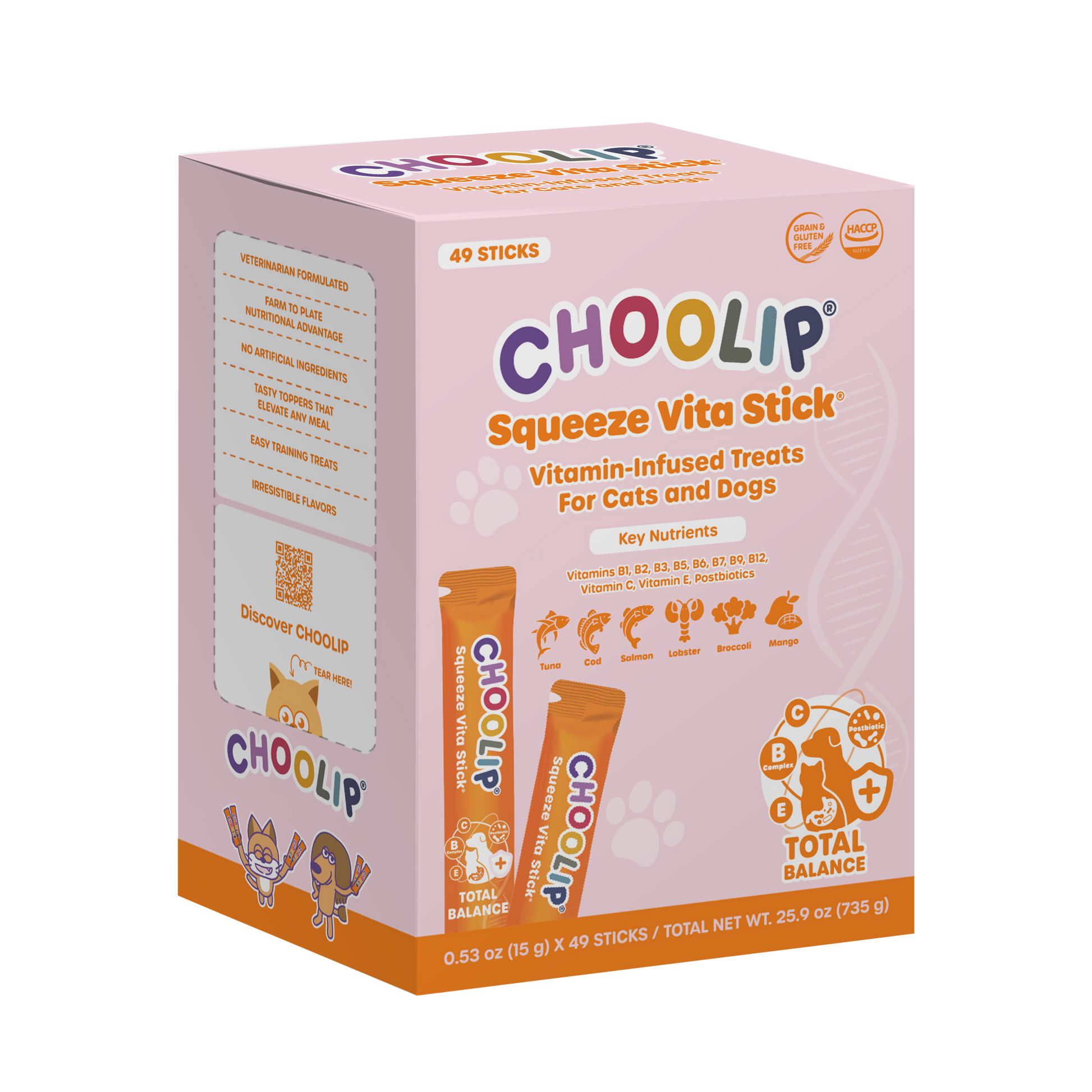 Box of Choolip Squeeze Vita Stick vitamin-infused treats for cats and dogs on a white background