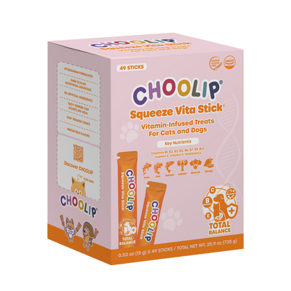 Box of Choolip Squeeze Vita Stick vitamin-infused treats for cats and dogs on a white background
