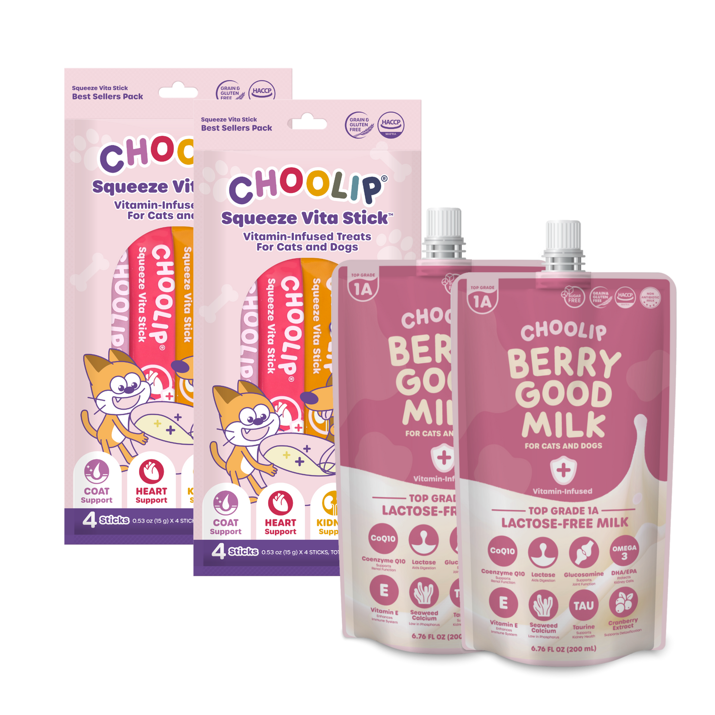 [CHOOLIP] Squeeze Vita Stick Variety pack & Berry Good Milk (14 Sticks & 2 Milk Pouch) - Multi-Vitamin Treats For Dogs & Cats, For Fussy Appetite, Farm-Fresh Ingredients