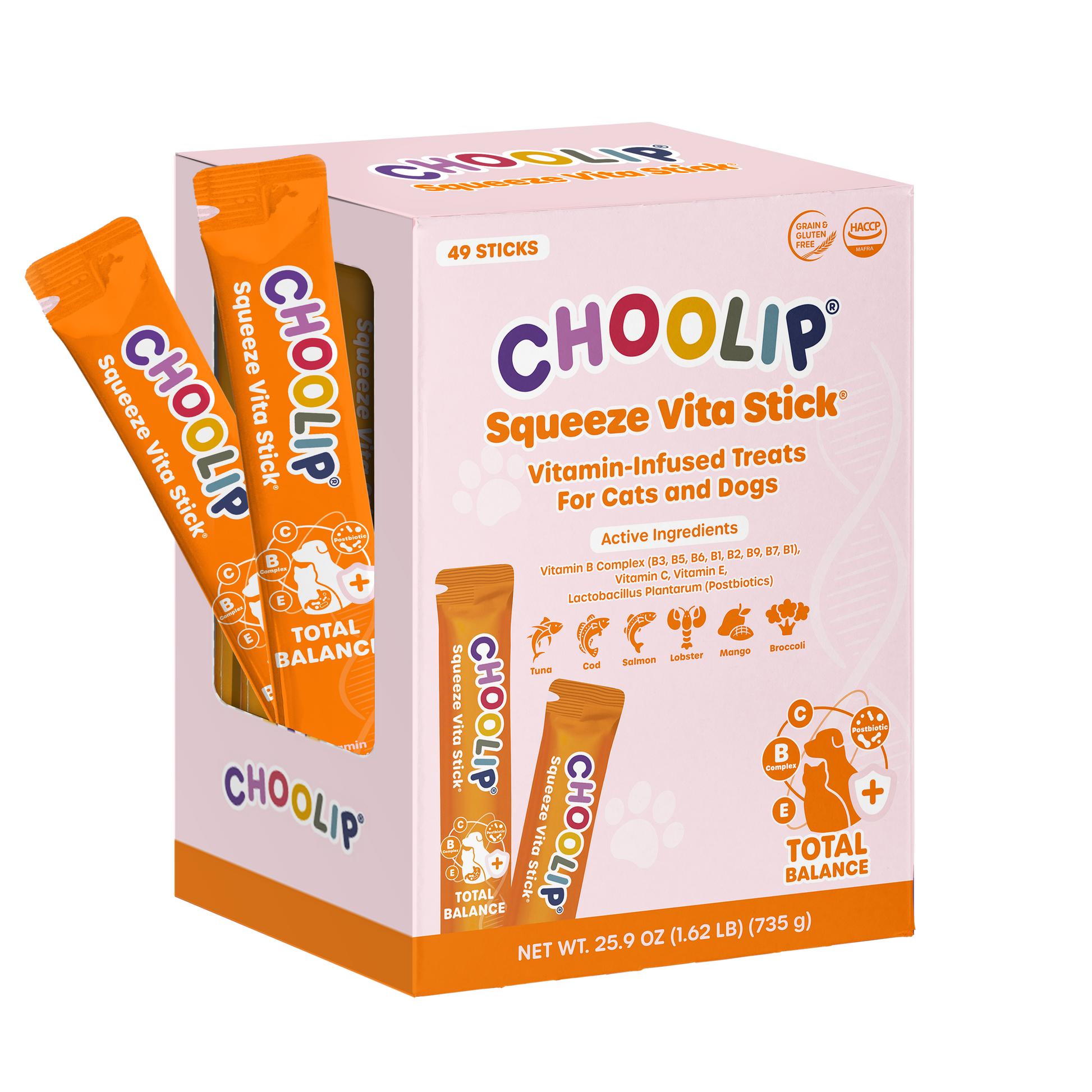 Grab and Go Box of Choolip Squeeze Vita Stick vitamin-infused treats for cats and dogs on a white background
