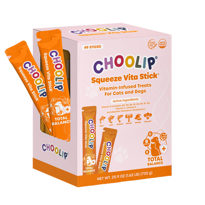Grab and Go Box of Choolip Squeeze Vita Stick vitamin-infused treats for cats and dogs on a white background