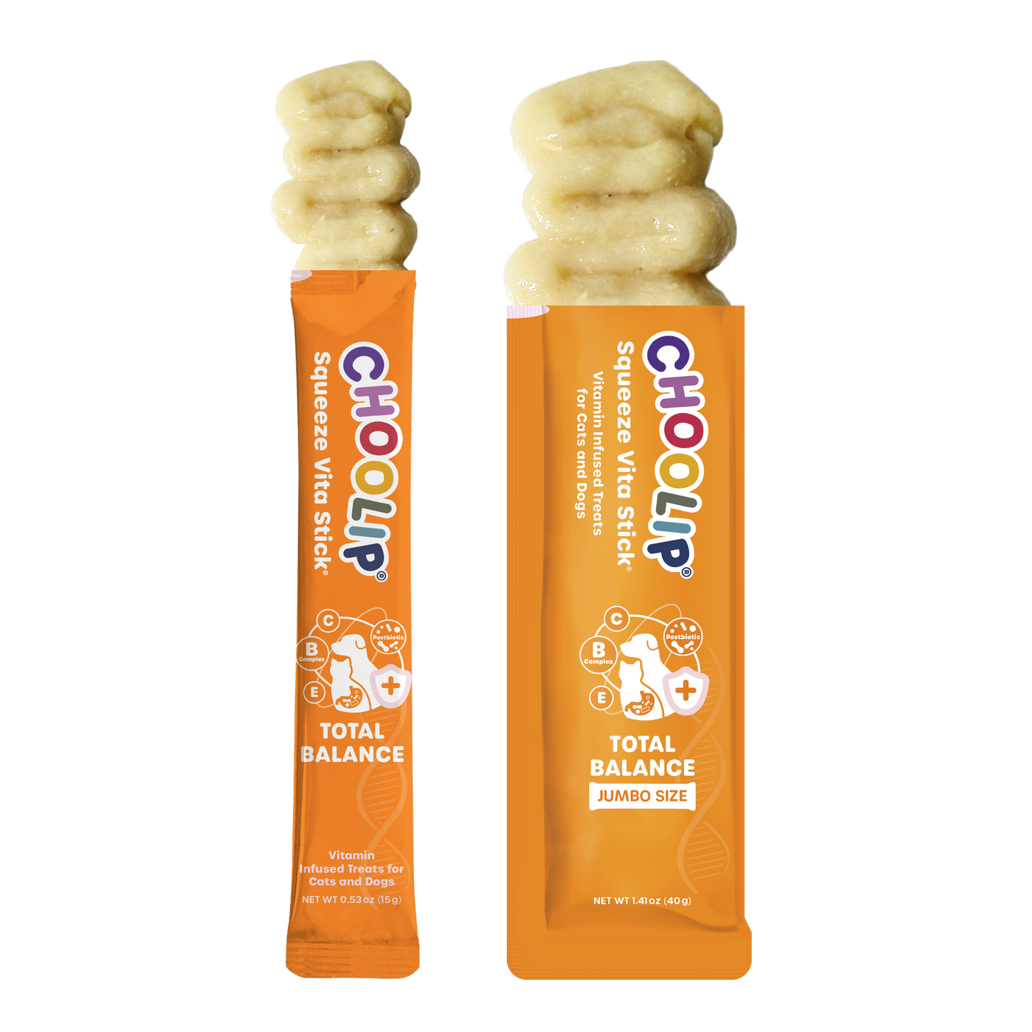 Two different sizes of CHOOLIP Total Balance pet treats on a white background