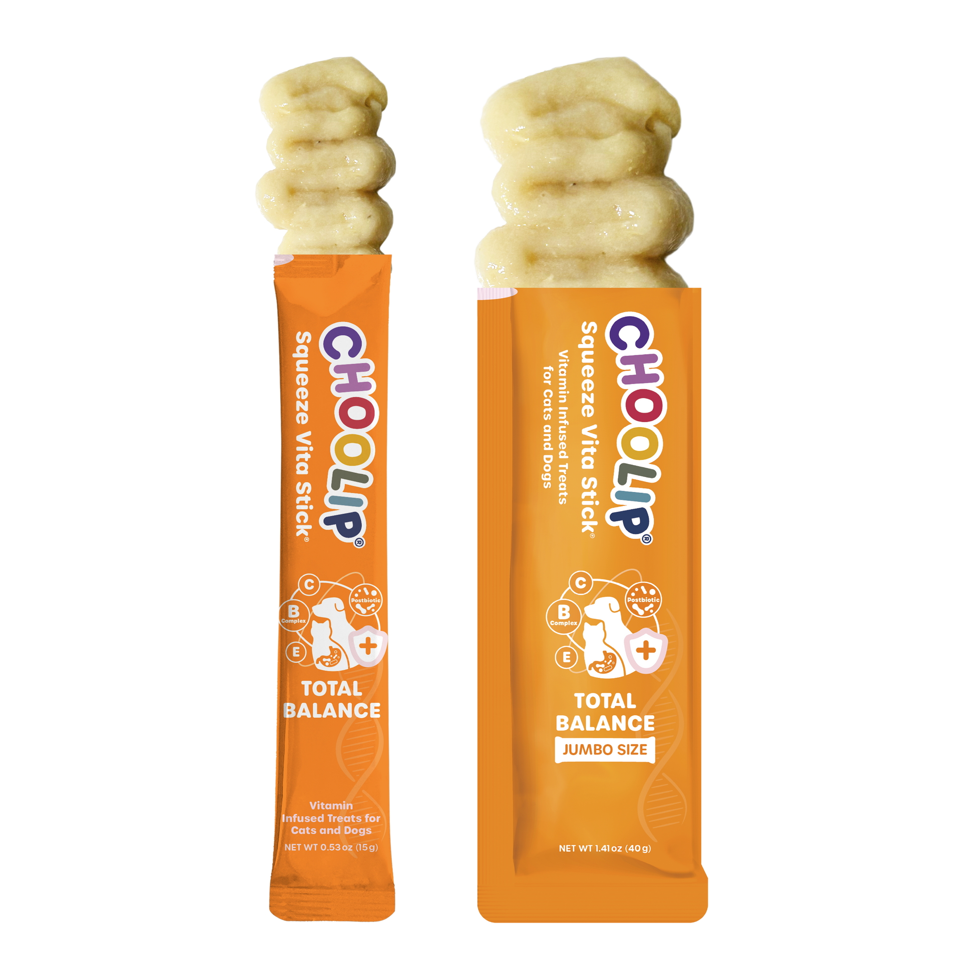 Two different sizes of CHOOLIP Total Balance pet treats on a white background