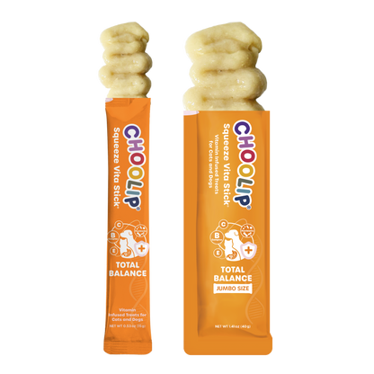 Two different sizes of CHOOLIP Total Balance pet treats on a white background