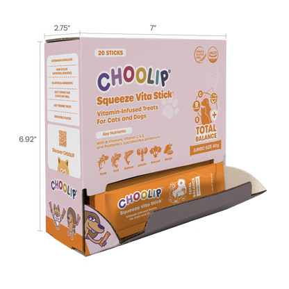 Choolip Squeeze Vita Stick packaging with dimensions on a white background