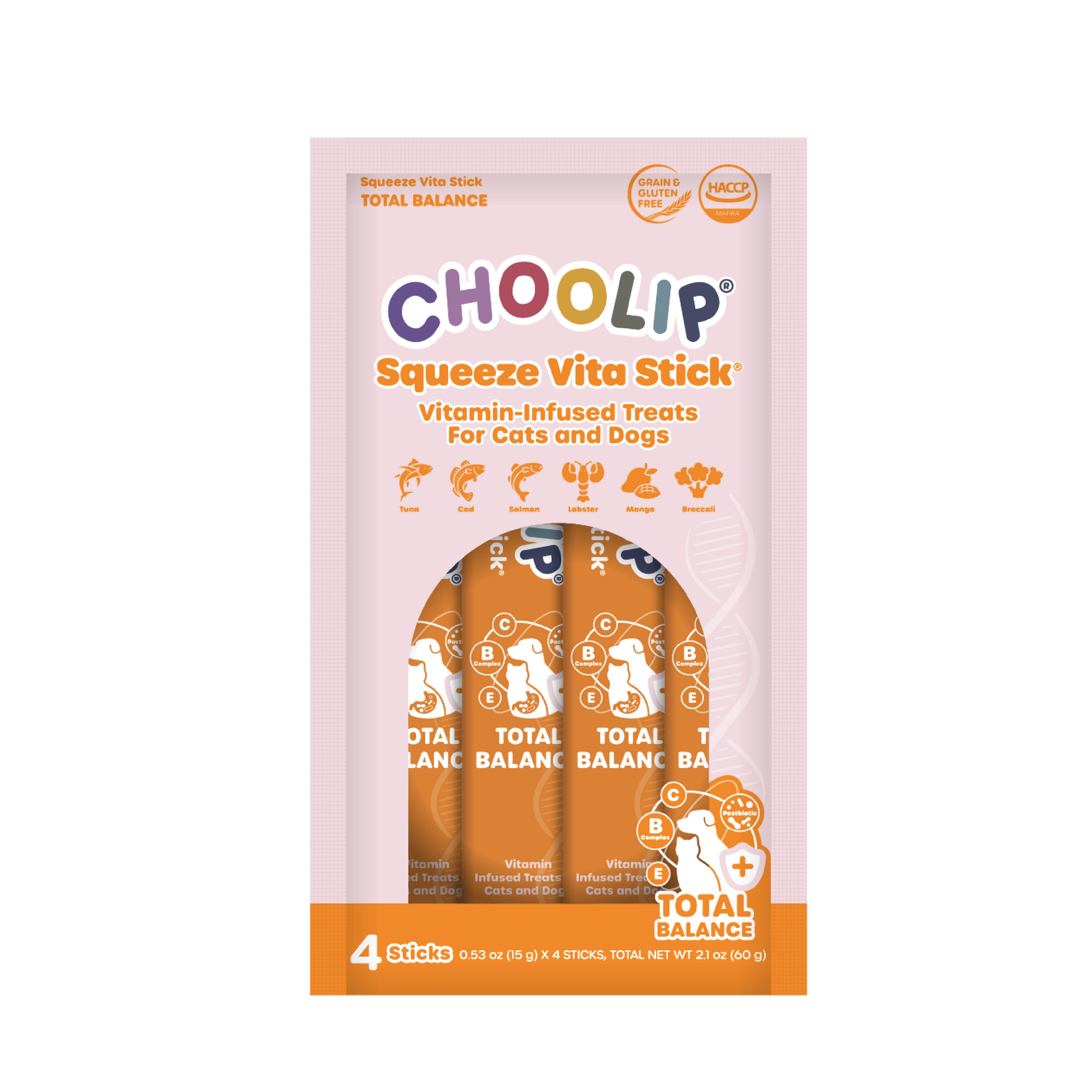 Packaging of Choolip Squeeze Vita Stick vitamin-infused treats for pets on a white background