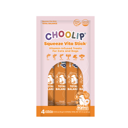 Packaging of Choolip Squeeze Vita Stick vitamin-infused treats for pets on a white background